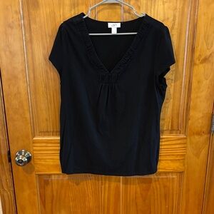 LOFT Black Ruffle-Trim V-Neck Short Sleeve Top